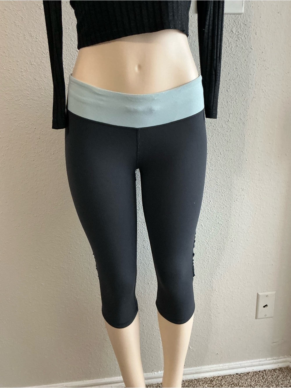lululemon athletica Black Capri Leggings with Light Blue Waistband